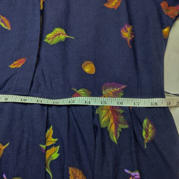 Vtg California Design Fall Autumn Leaf Print Long Sleeve Navy Blue Midi Dress 14 - Picture 12 of 13